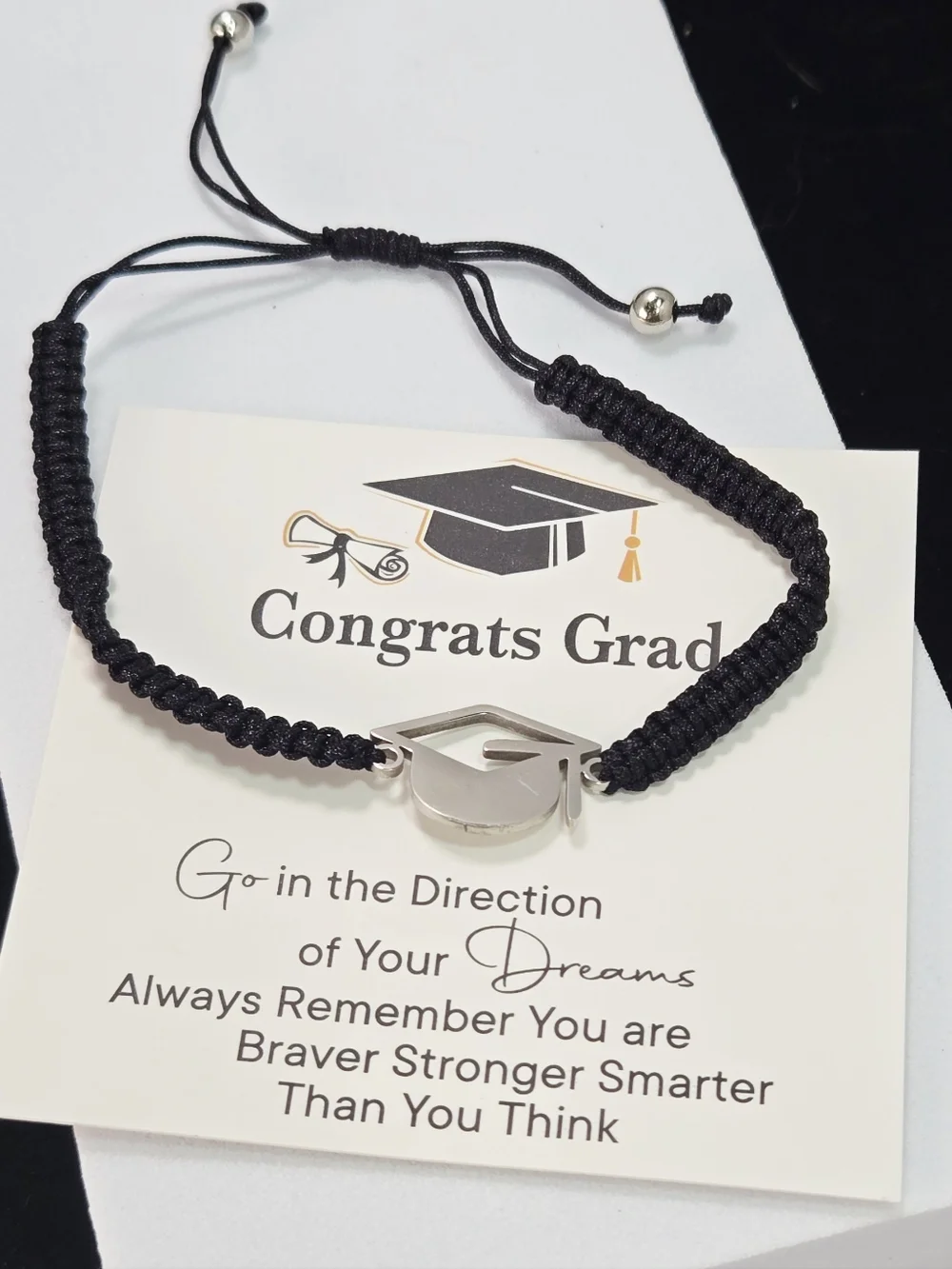 Stainless Steel Graduation Cap Bracelet Black Cord Gift Graduate 2026 Keepsake